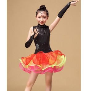 Black red neon green rainbow colored patchwork rhinestones sleeveless girls kids child children toddlers gymnastics professional leotard latin ballroom dance dresses 